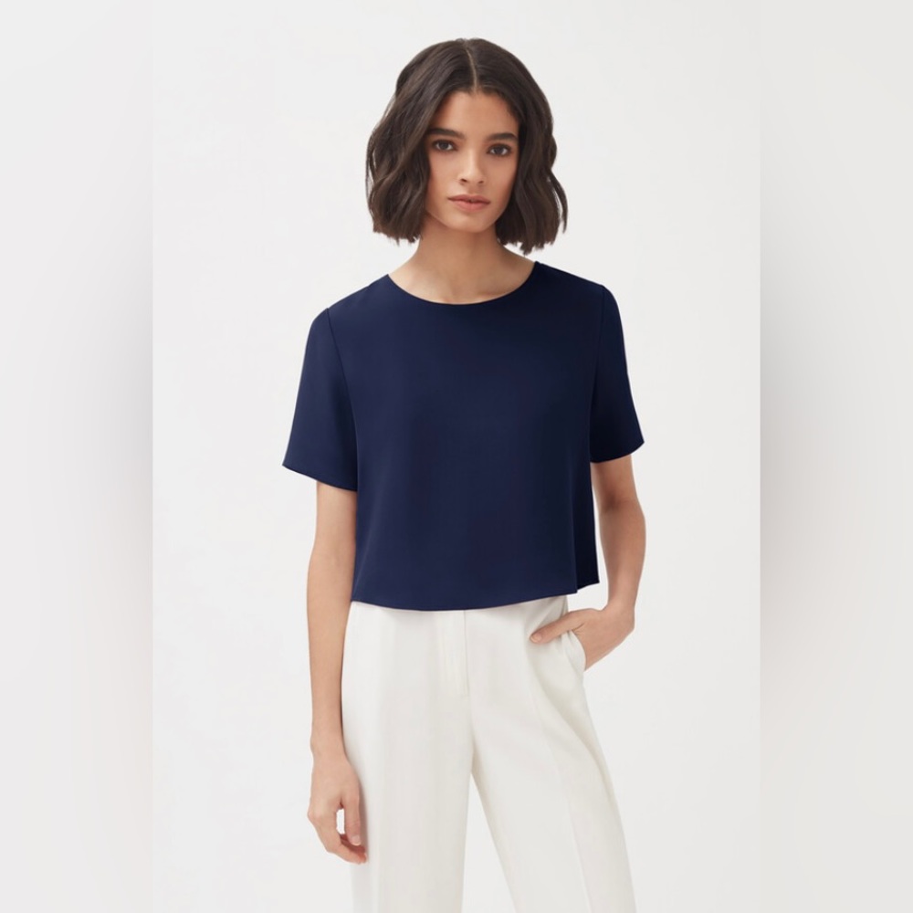 Cuyana Silk Cropped Tee in Navy Blue size L
